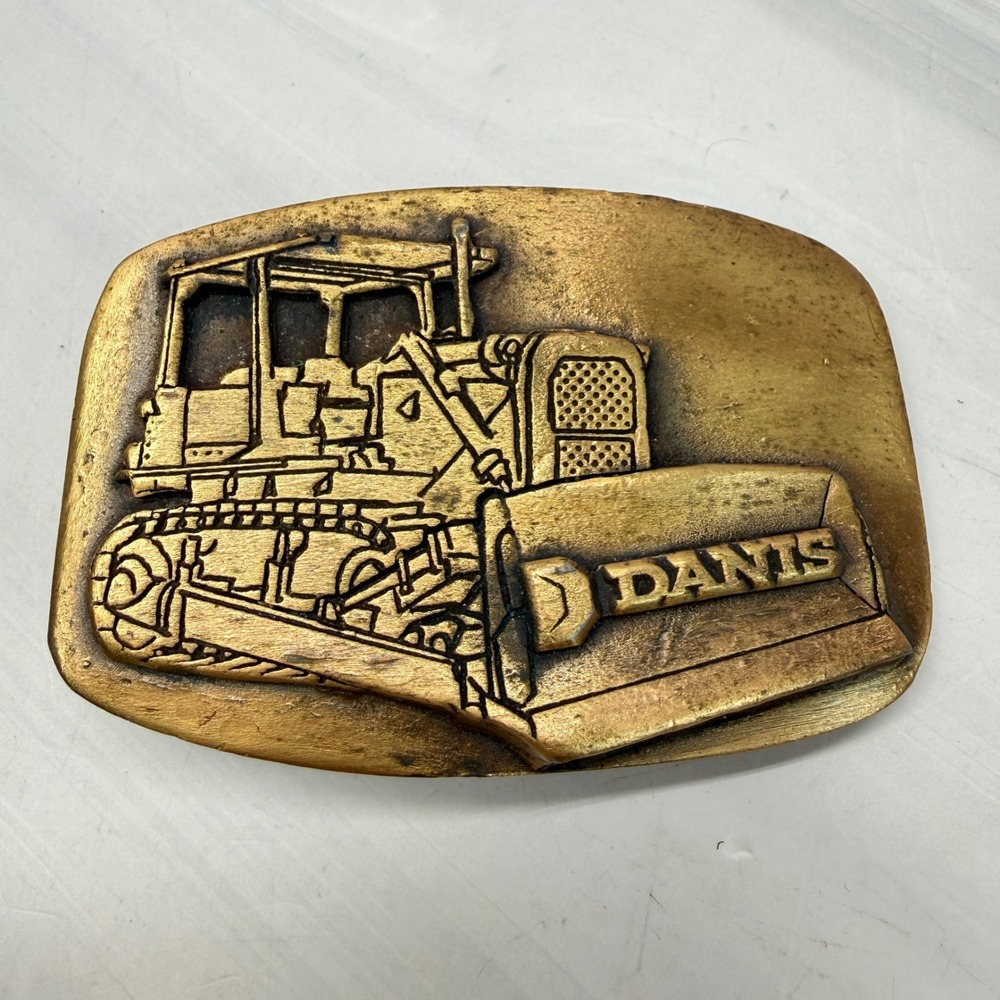 Vintage DANIS Construction Bulldozer Belt Buckle Brass Tone Heavy Equipment